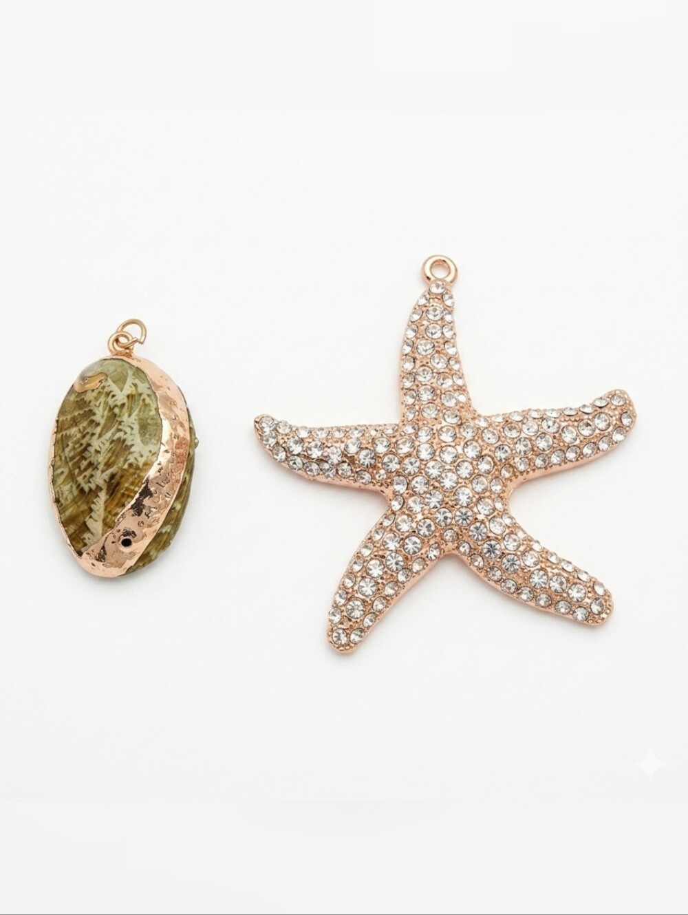 Set Of 2 Necklace Pendants Gold Dipped Genuine Abalone Shell Rhinestone Starfish